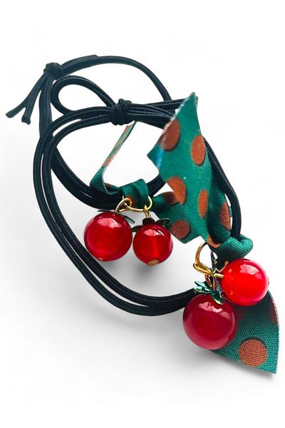 GALATA GIFT Black Leaf Detailed Double Cherry Hair Clip - Tie-Up Clip, Two Pieces Cherry Hair Clip 2