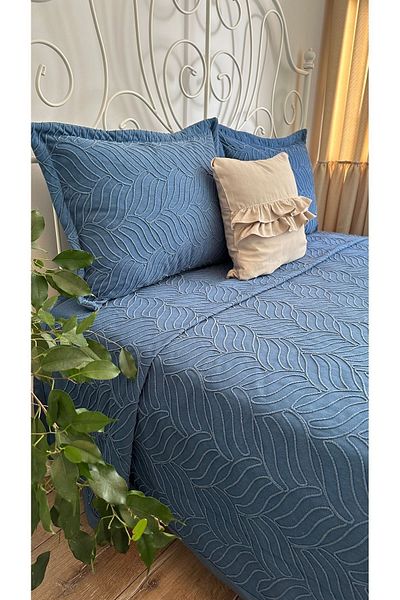 Decamor home Blue Embroidered Bedspread - Pique Set, Embroidered Detail, Double