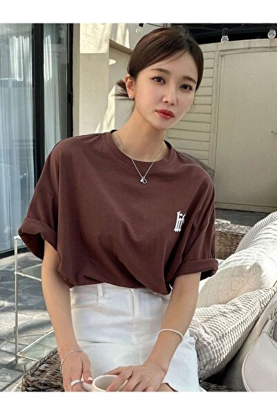 Altamira Γυναικείο μπλουζάκι σε καφέ Life Back Printed Oversize Crew Neck