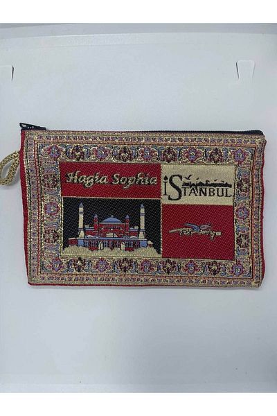 GALATA GIFT Hagia Sophia Printed, Red, Blue, Gold Gilded Women's Wallet with Istanbul Logo, 16x10cm