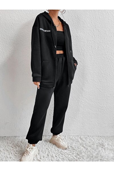 Altamira Set de trening supradimensionat cu glugă cu imprimeu Sierra negru pe...