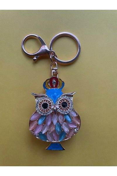 NiceandBonita Figurină de bufniță albastră, acoperită cu pietre strălucitoare pe metal, cu coroană, breloc metalic, ornament pentru geantă
