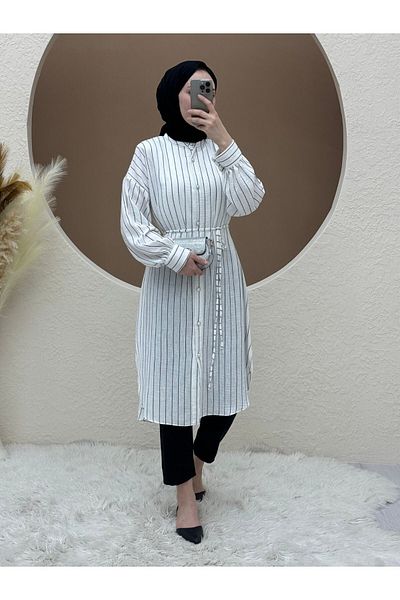 HİJABAYA Striped Long Tunic - Ball Button and Lace Up