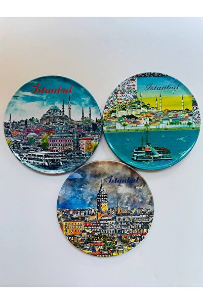 GALATA GIFT قواعد أكواب مكونة من 3 قطع، وأكواب، و3 قواعد أكواب ذات طابع إسطنبولي