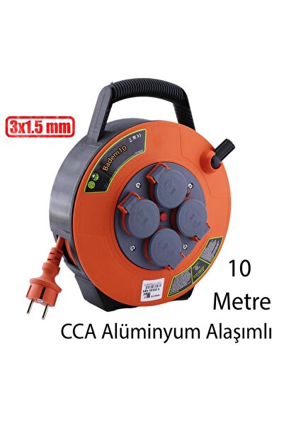 Badem10 Plastik Kapaklı Mini 4 Priz TTR Kablo 10 Metre Makaralı Seyyar 3x1.5 mm CCA Monofaze Uzatma Kablosu