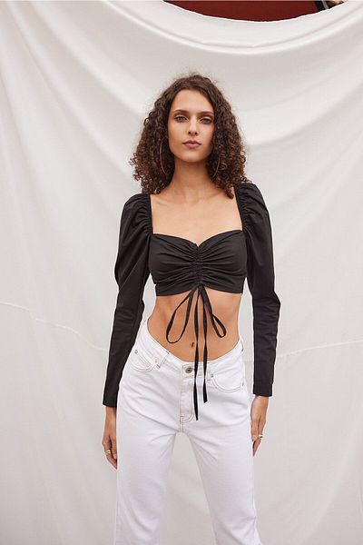 VATKALI Popeline-Crop-Bluse mit Ballonärmeln in Schwarz