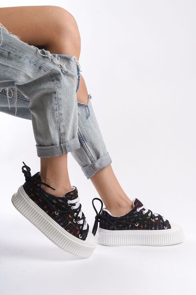 Limeo Black Textile High Sole Ankle Lacing Detailed Soft Sneakers Women's Casual Sports Shoes