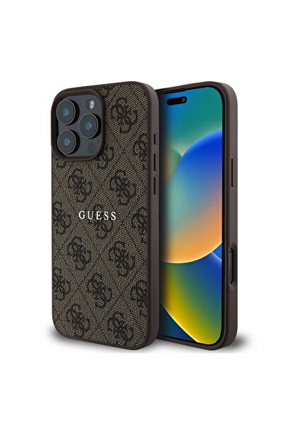 Guess iPhone 16 Pro Uyumlu Kılıf Guess  Lisanslı Magsafe Şarj Özellikli 4G Desenli Yazı Logolu Kahverengi
