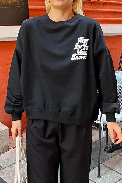 Swist Siyah When Are You Ön Arka Baskılı Içi Pamuklu Kadın Sweatshirt