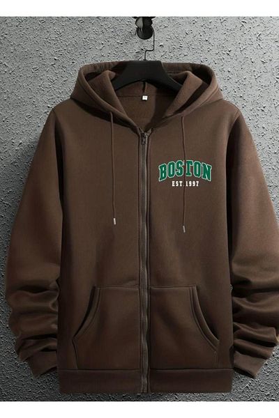 NO 601 Ανδρική καφέ ζακέτα Boston Printed - με φερμουάρ