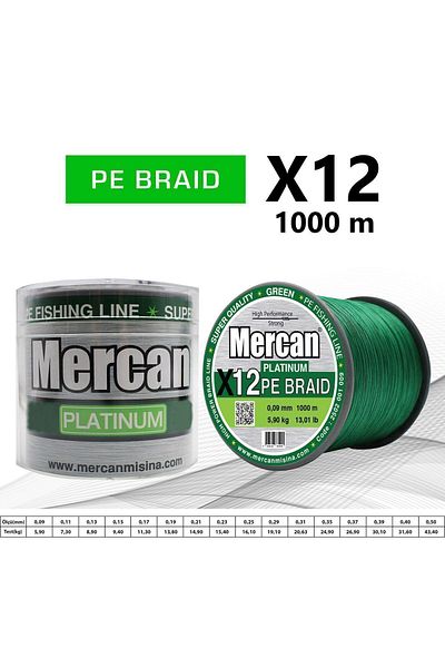 Mercan Pe Braid Platinum X12 Green Thread 1000m Reel Fishing Line