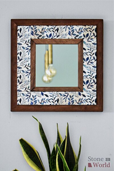 Çiçek Temalı, Masif Ahşap Ve Desenli Mermerden Dekoratif Ayna - 34x34cm - 012.1