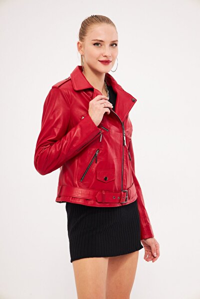 gorgitino Kadın Kırmızı Renk Hakiki Deri Ceket Beli Kemerli Model
