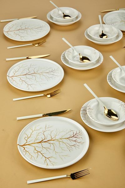 Erbaşlar Golden Tree Luxury Ceramic 18 Piece Dining Set for 6 People, Dinner Set