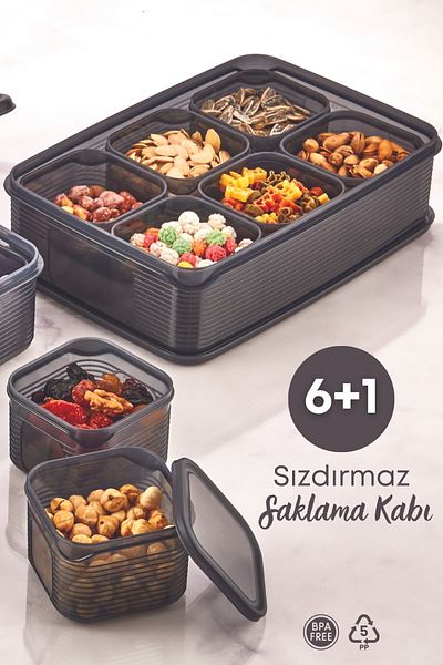 GRİMOR Life 7 Piece Leakproof Refrigerator Organizer Meat Mincer Storage Container - 3.5 Lt. Smoked