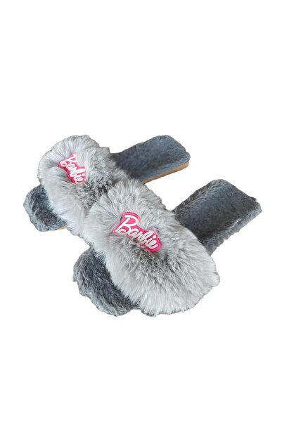 Liger Feather Detailed Barbie Plush Women's Slippers Gray