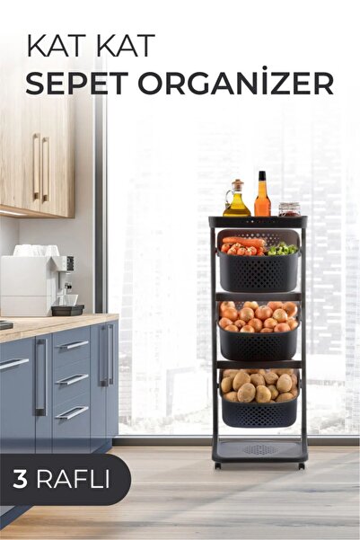 LEON LİFE TİTİZ PLASTİK Tekerlekli 4 Katlı Geniş Raf Mutfak Patates Soğan Sep...