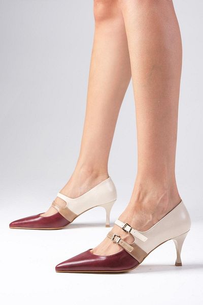 Mio Gusto Burgundy Double Striped Amber Pointed Toe Women's Heeled Shoes