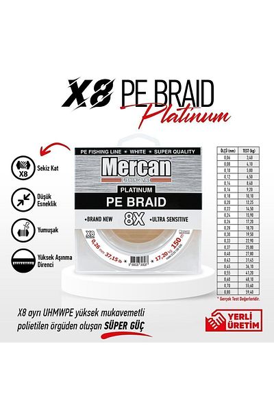 Mercan Pe Knitted Platinum X8 Thread 150m Reel Fishing Line