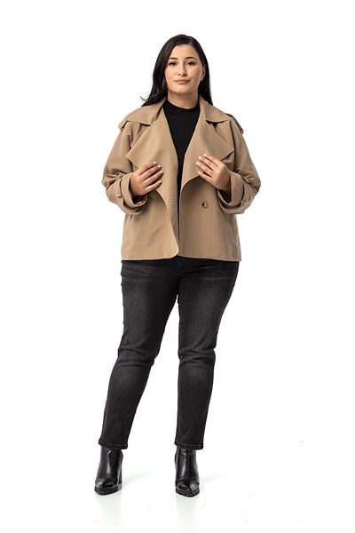 DISENTIS MODEST Κοντή καμπαρντίνα Mink Plus Size - Μονόχρωμος γιακάς, Επωμίδες Τσέπες, Φόδρα Oversize