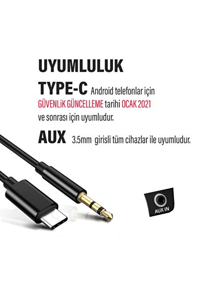 VİZYON Araba Type-C AUX Kablosu Type-C Ses Çıkışlı Android Telefon Uyumlu