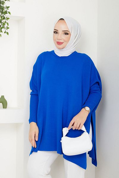 LE CARAMBOLE Πλεκτό πουλόβερ Sax Blue Oversize Slit - Γυναικείο