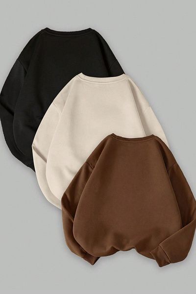 Know Women's Black Beige Brown 3 Thread Plain Crew Neck 3-Piece Sweatshirt Set