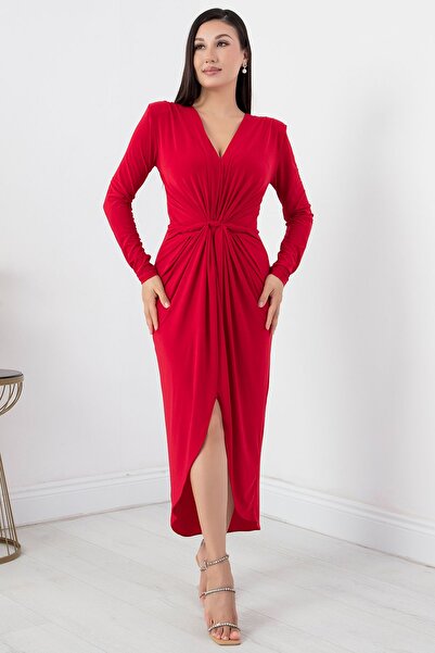 PULLIMM V Yaka Uzun Kol Sandy Elbise NY4411