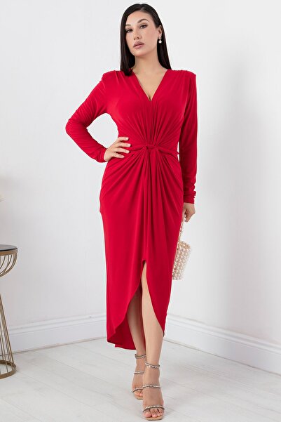 PULLIMM V Yaka Uzun Kol Sandy Elbise NY4411