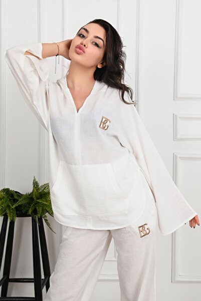 Koza Butik Women's Text Printed V-Neck Oversize Tracksuit Set 3795-23