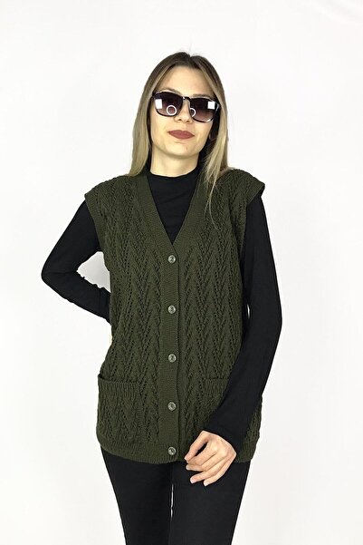 Genel Markalar Kadın V Yaka Kalın Yün Kaz Ayağı Modelli Triko Düğmeli Cepli Anne Yelek