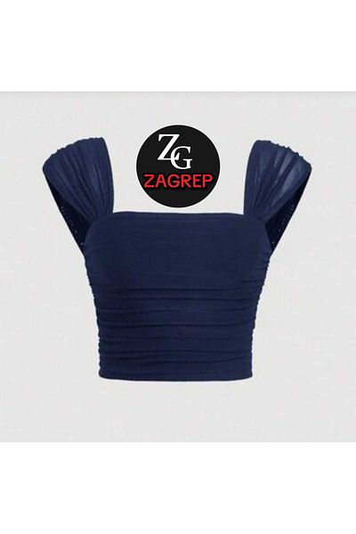Zagrep Women's Navy Blue Crop Bustier Gathered Draped Sleeves Silk Jersey Crop Bustier