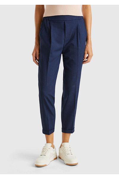 United Colors of Benetton Women's Navy Blue Viscose Blend Side and Back Gathered Curly Leg Trousers
