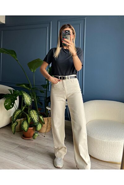 KEYMOOD Ecru Colored Women's Palazzo Jeans - Brand Model