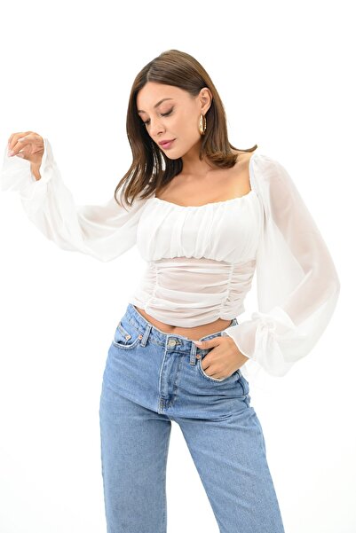 Koza Butik Γυναικεία Crop Μπλούζα Chiffon 1734-24