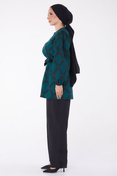 TOFİSA Γυναικείο διπλό κοστούμι με πράσινο σχέδιο - Απλό Crew Neck - 13245