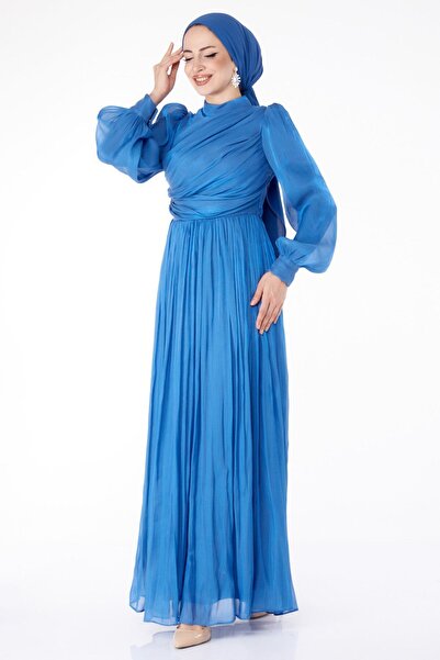 TOFİSA Γυναικείο βραδινό φόρεμα μπλε πλισέ ίσιο Chief Collar - 25577