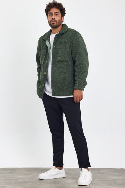 MADZEYMODA Jachetă de iarnă pentru bărbați din fleece - kaki pluș, nasturi, căptușită, sezon nou Mz86059