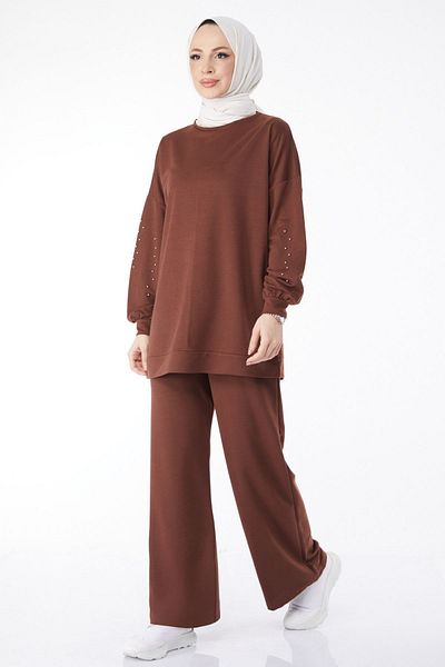 TOFİSA Women's Brown Rhinestone Sleeve Straight Crew Neck Tracksuit Set - 13131