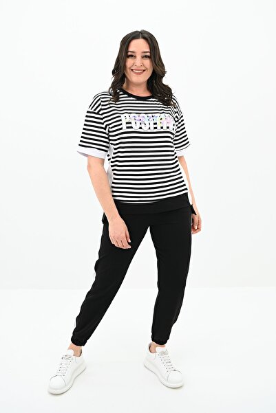 Koza Butik Dámská pruhovaná tepláková souprava velké velikosti 8106-24