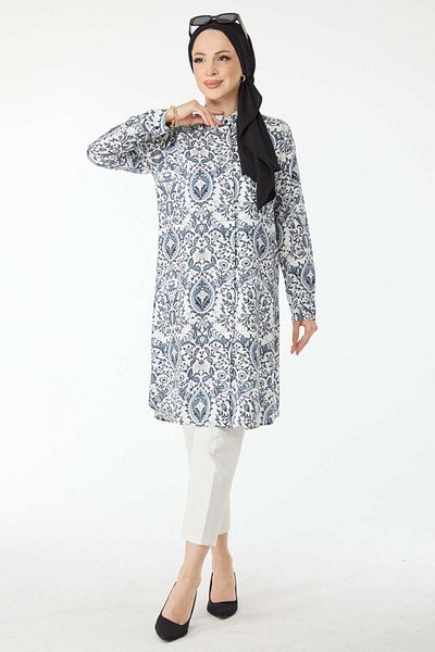 TOFİSA Grau gemusterte Damen-Tunika - schlichter Hemdkragen - 24502