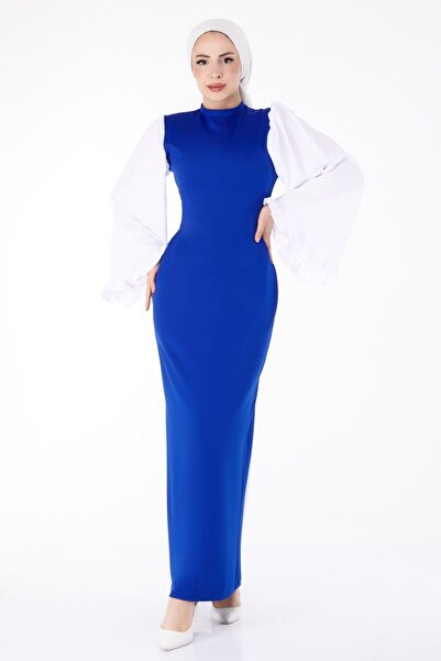 TOFİSA Blue Spanish Sleeve Detail Straight Chief Collar Women's Dress - 13195
