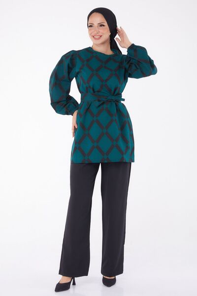 TOFİSA Γυναικείο διπλό κοστούμι με πράσινο σχέδιο - Απλό Crew Neck - 13245
