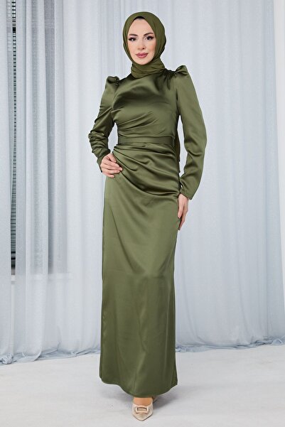 TOFİSA Khaki Women's Evening Dress - Plain Crew Neck - 23686
