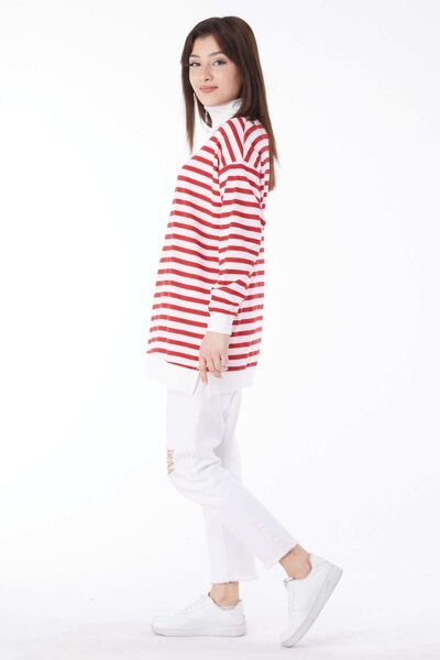 TOFİSA Pulover de damă cu dungi roșii, uni, pe jumătate, cu gât țesut - 23892