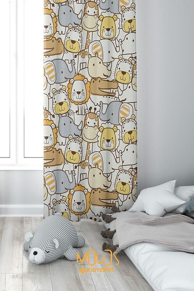 Moud's Orange Suede Printed Little Animals Patterned Curtain - Children's and Baby's Room Single Wing