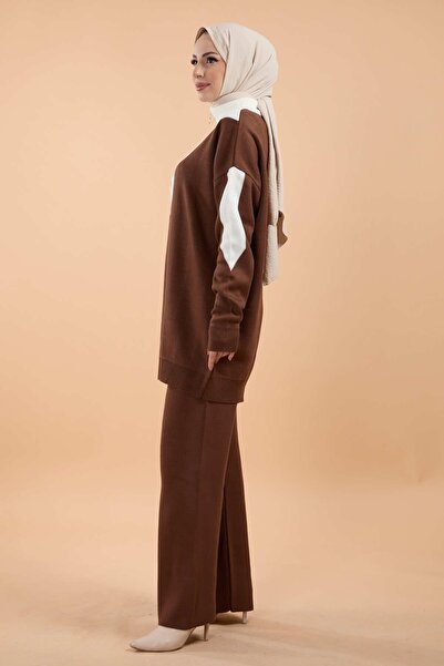 TOFİSA Γυναικείο Καφέ Πλεκτό Τούνικ και Παντελόνι - Μισό Λαιμόκοψη - 23792