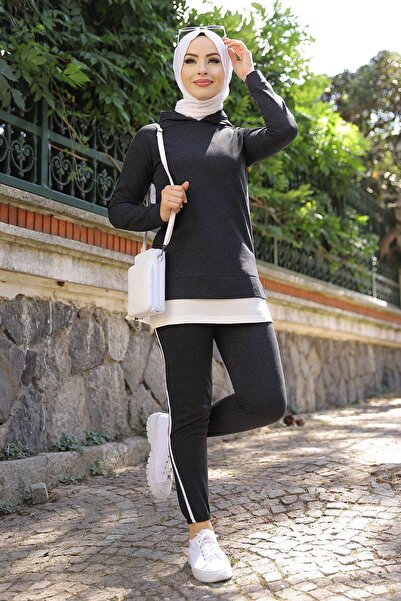 TOFİSA Anthracite Hooded Collar Tunic and Trousers for Women - 8330