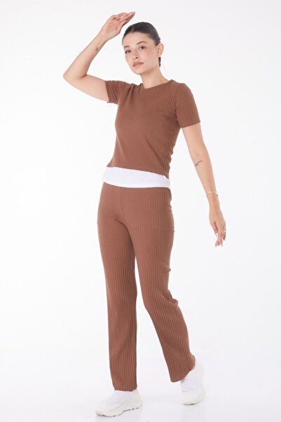 TOFİSA Καφέ Σετ μπλουζάκι και παντελόνι για γυναίκες - Crew Neck - 25952