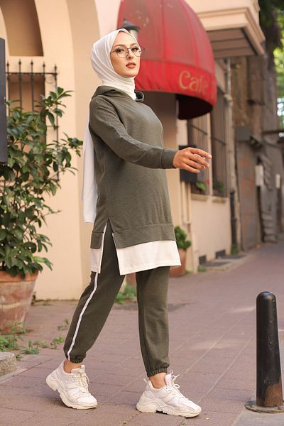 TOFİSA Khaki Women's Tunic Trousers Straight Hooded Collar - 8330